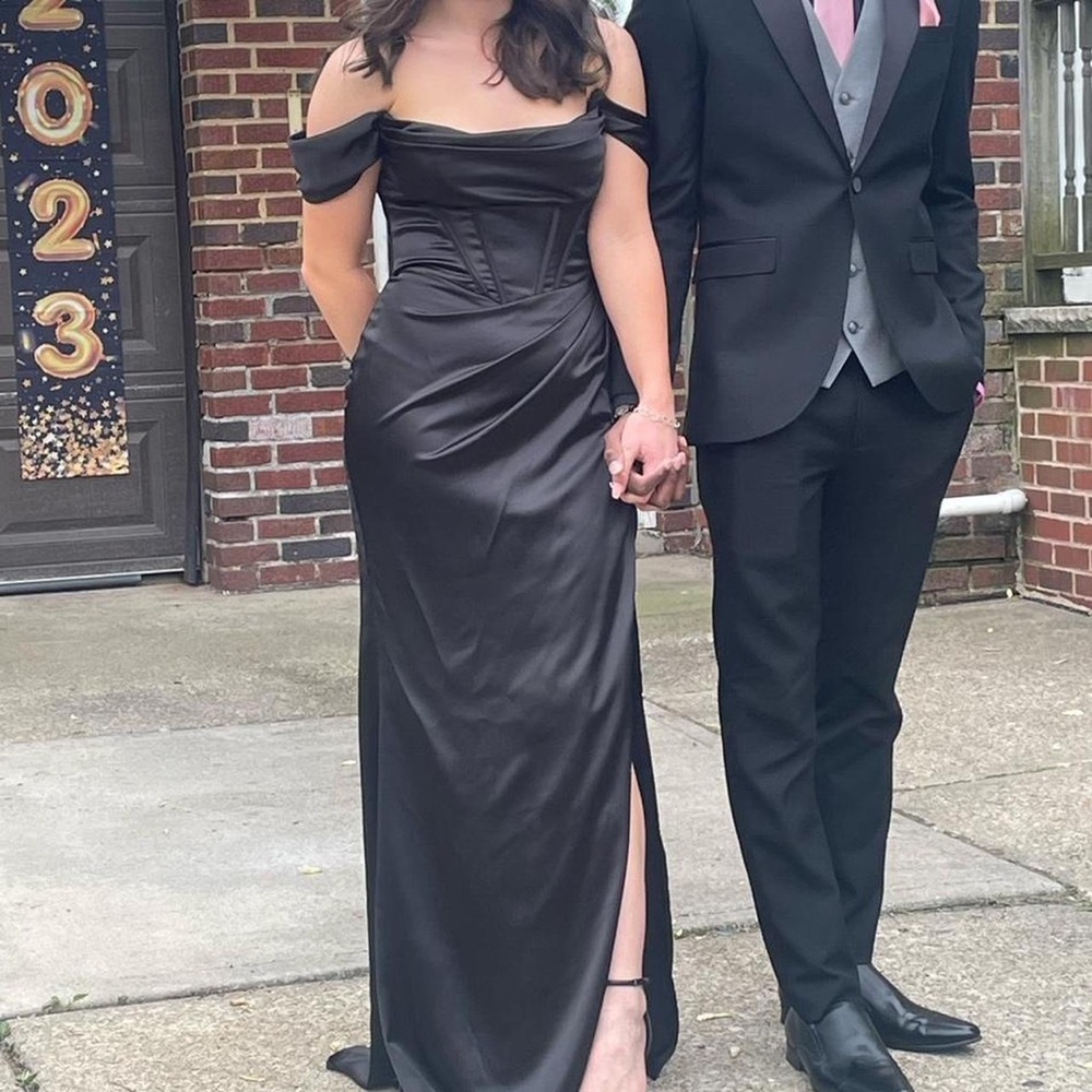 Black satin corset off the shoulder floor length prom/homecoming dress